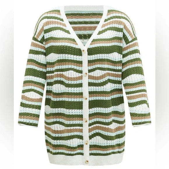 BLOOMCHIC Striped Contrast Button Up Hollow Out Cardigan Size 5X NEW - Picture 16 of 16